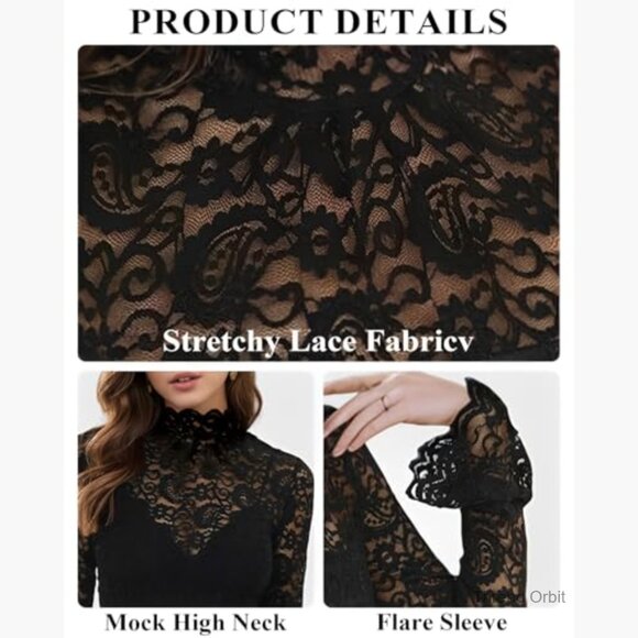 Long Sleeve Lace Mesh Top High Neck Sheer Blouse Floral Going Out - Picture 5 of 7